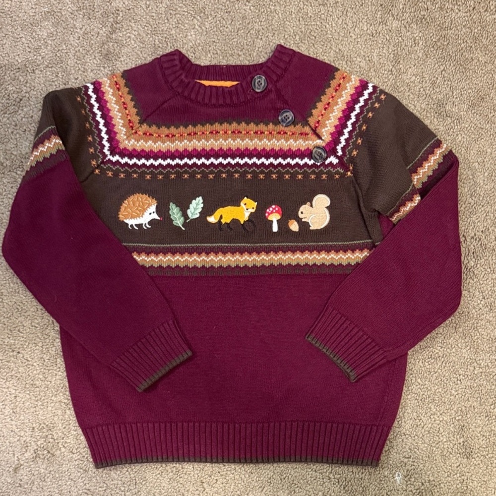 Gymboree Boys Embroidered Forest Animal Sweater - Burgundy, Size 6